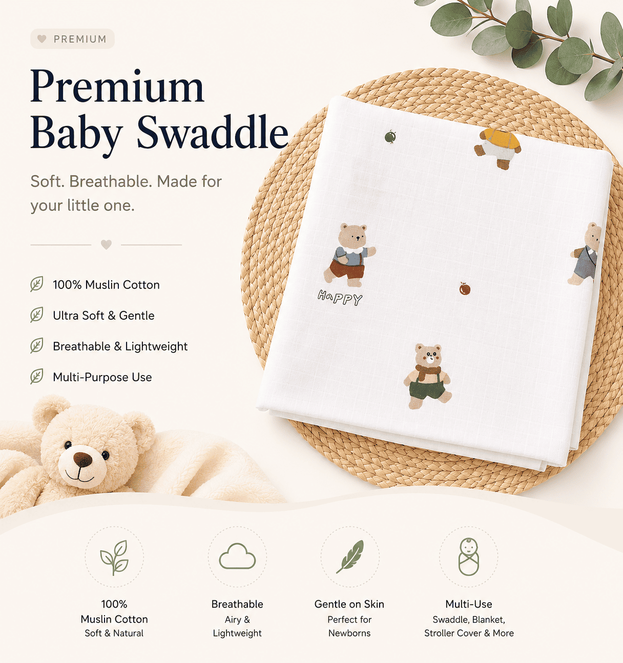 Premium Muslin Swaddle - Light Pink Happy Bear