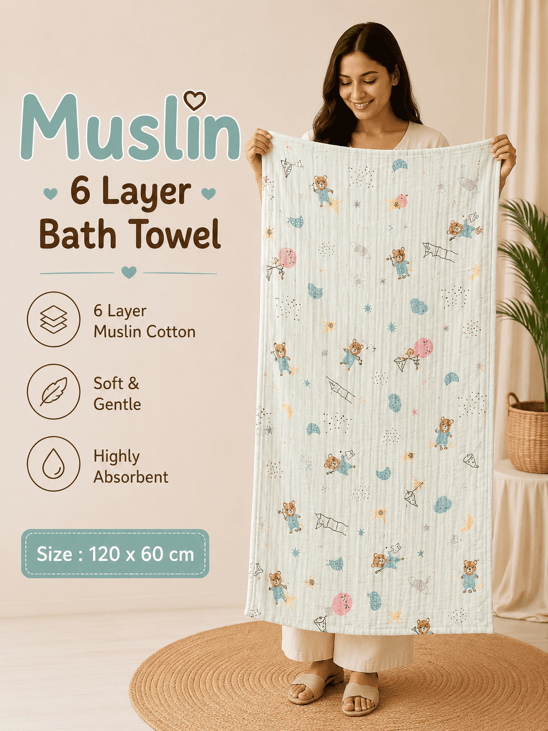 Muslin 6 Layer Bath Towel-     Teddy in Space