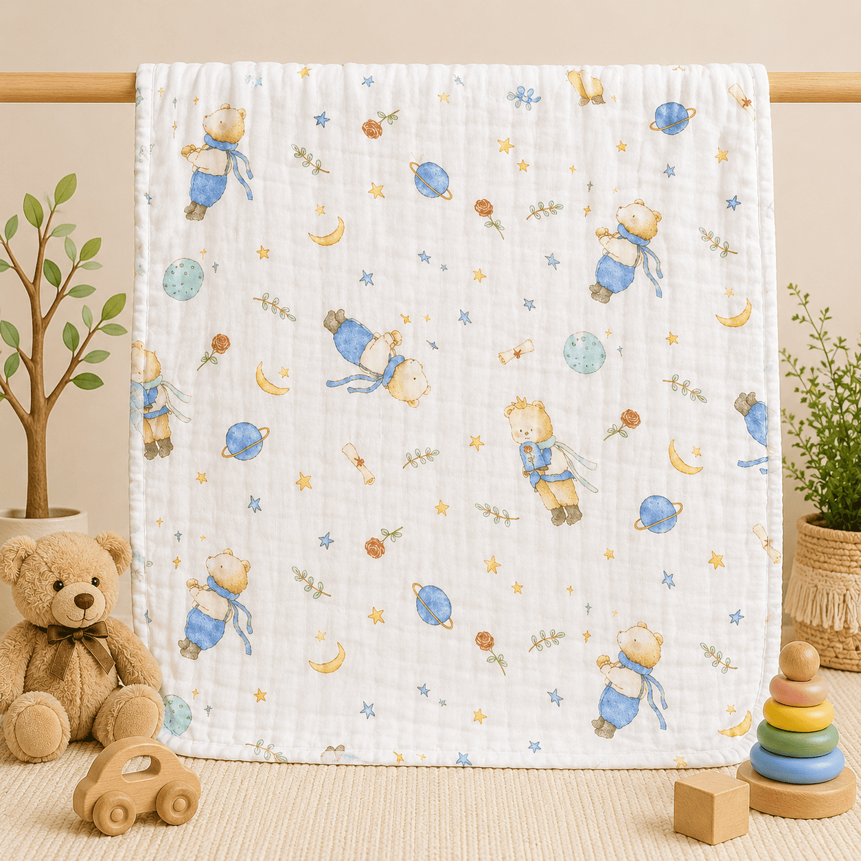 Muslin 6 Layer Bath Towel- Teddy Space