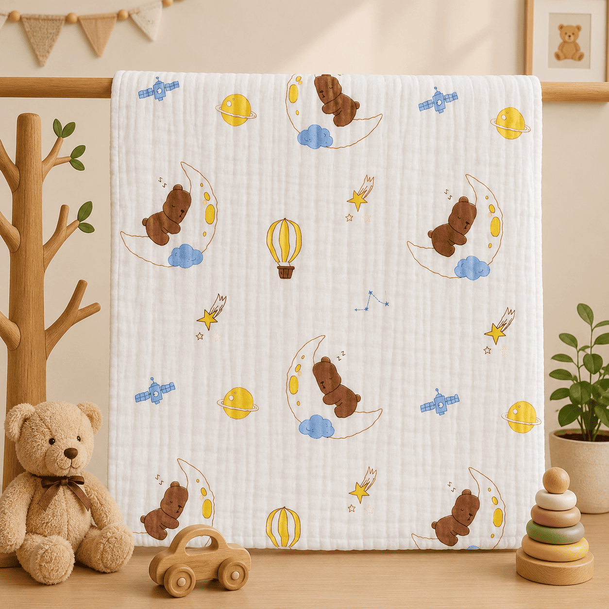 Muslin 6 Layer Bath Towel- Bear Sleeping on Moon