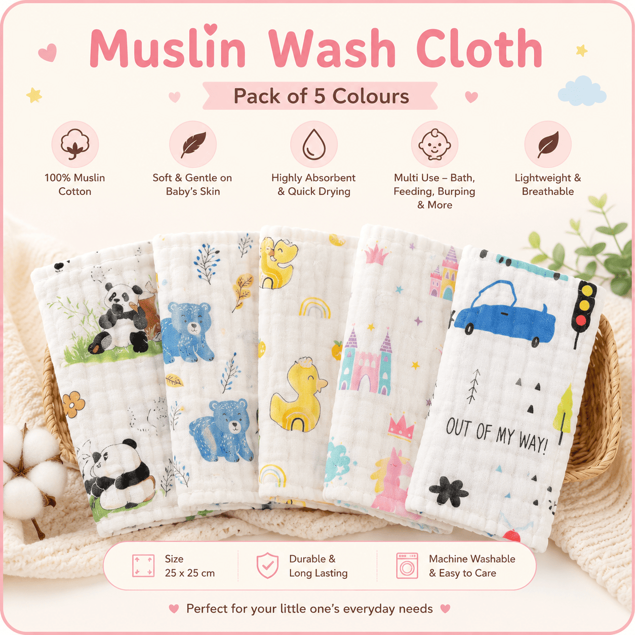 6-Layer Muslin Wash Cloth – Assorted (Set of 5 Pieces)