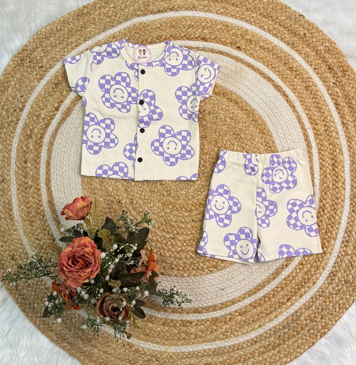 Button Shorts Set - Lavender Smiley