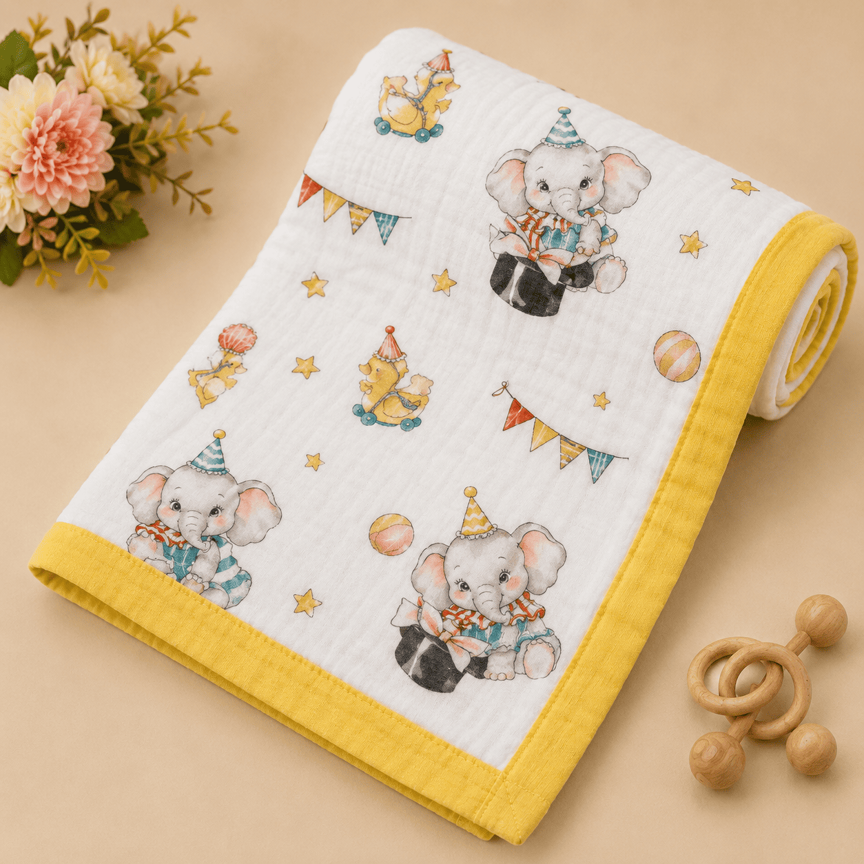 Muslin Receiving Blanket - Yellow Elephant