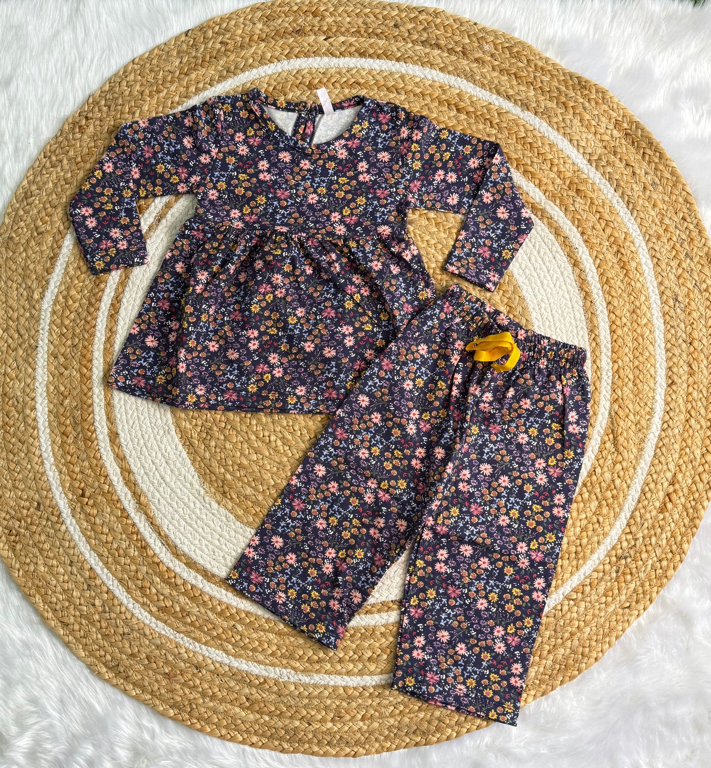 Frock with Pant Set for Kids - Dark Blue Flower