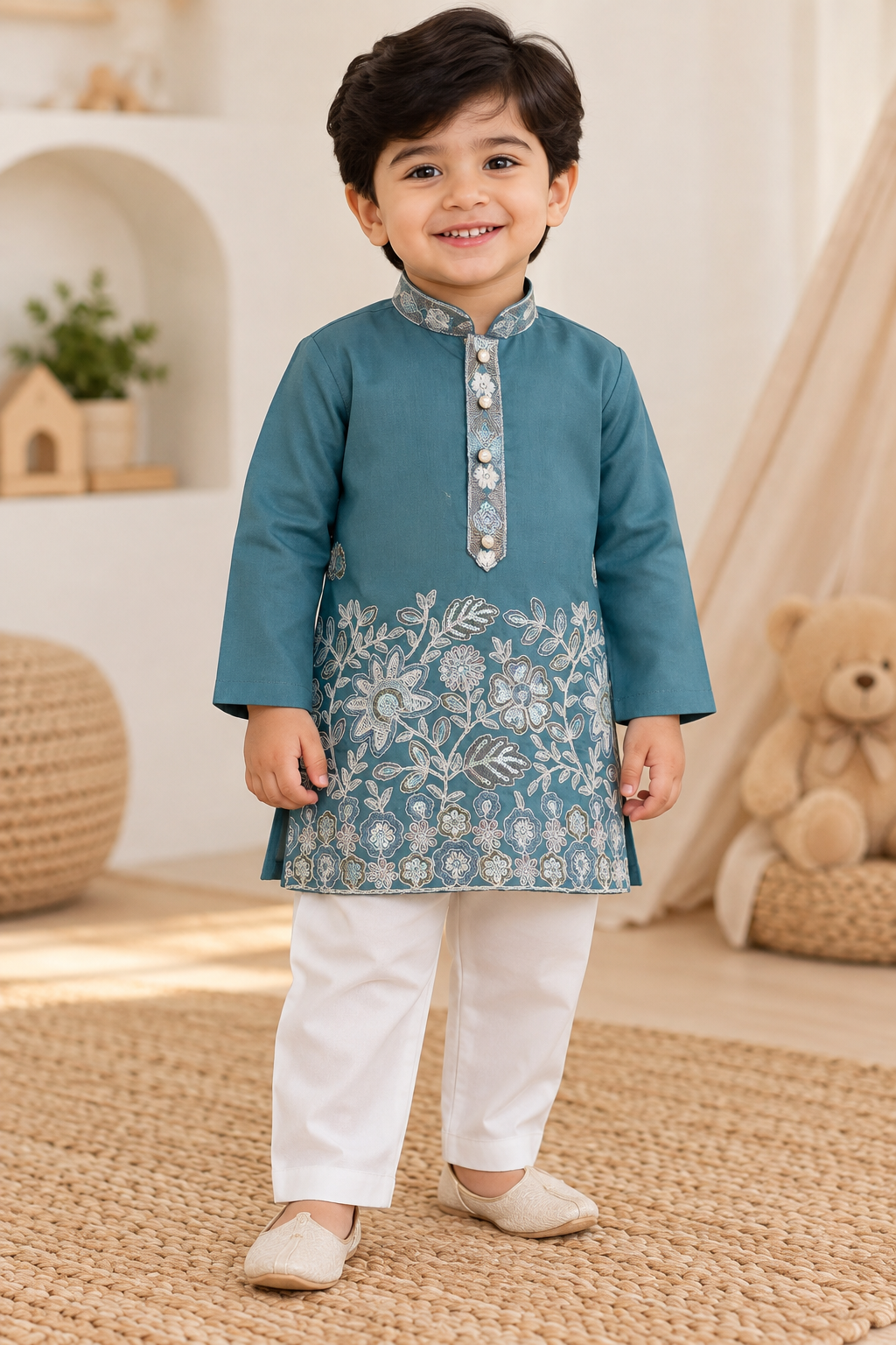 Premium Silk Embroidery Kurta Set - Teal Blue