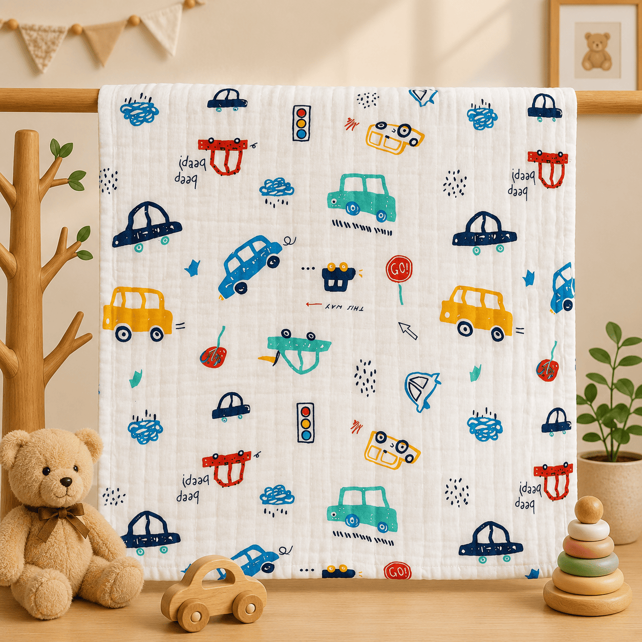 Muslin 6 Layer Bath Towel- Car