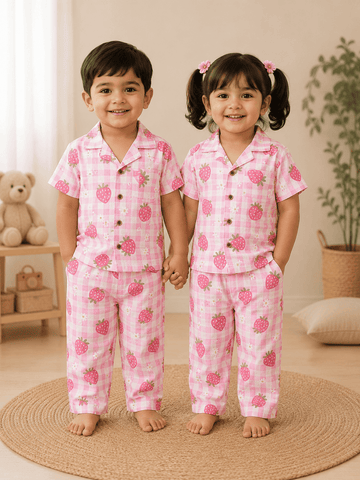 Half Sleeve Kids Night Suit Pure Cotton - Strawberry