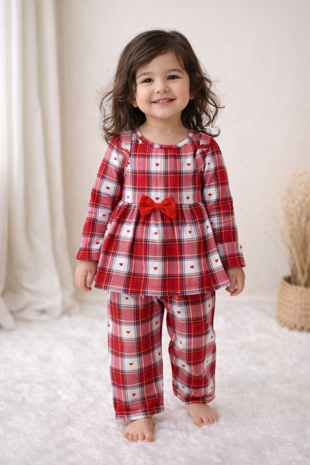 Frock with Pant Set for Kids - Red with White Checked