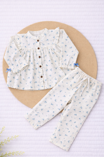 Muslin Girls Co-ords Set - Blue Small Flower