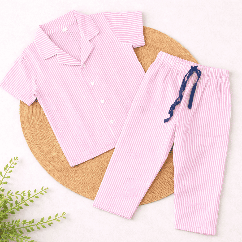 Half Sleeve Kids Night Suit Pure Cotton - Pink Stripes