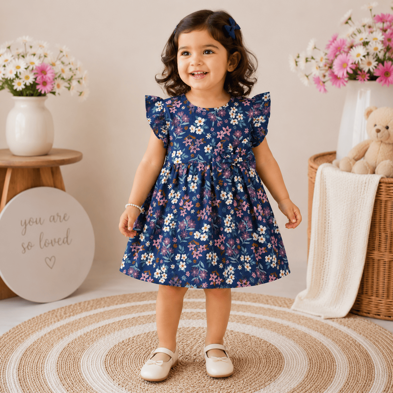 Frill Sleeve Frock - Navy Blue Flower
