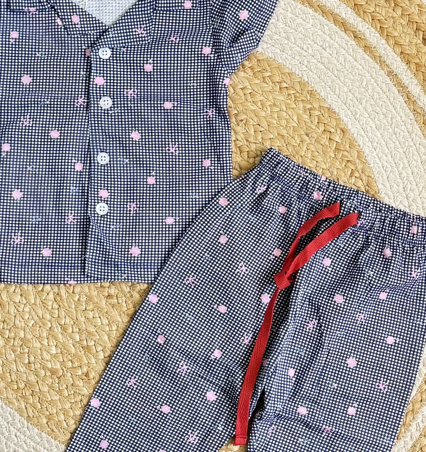 Half Sleeve Kids Night Suit - Navy Blue Pink Dot