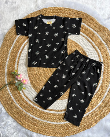 Half Sleeve Co-Ords Set - Black Flower