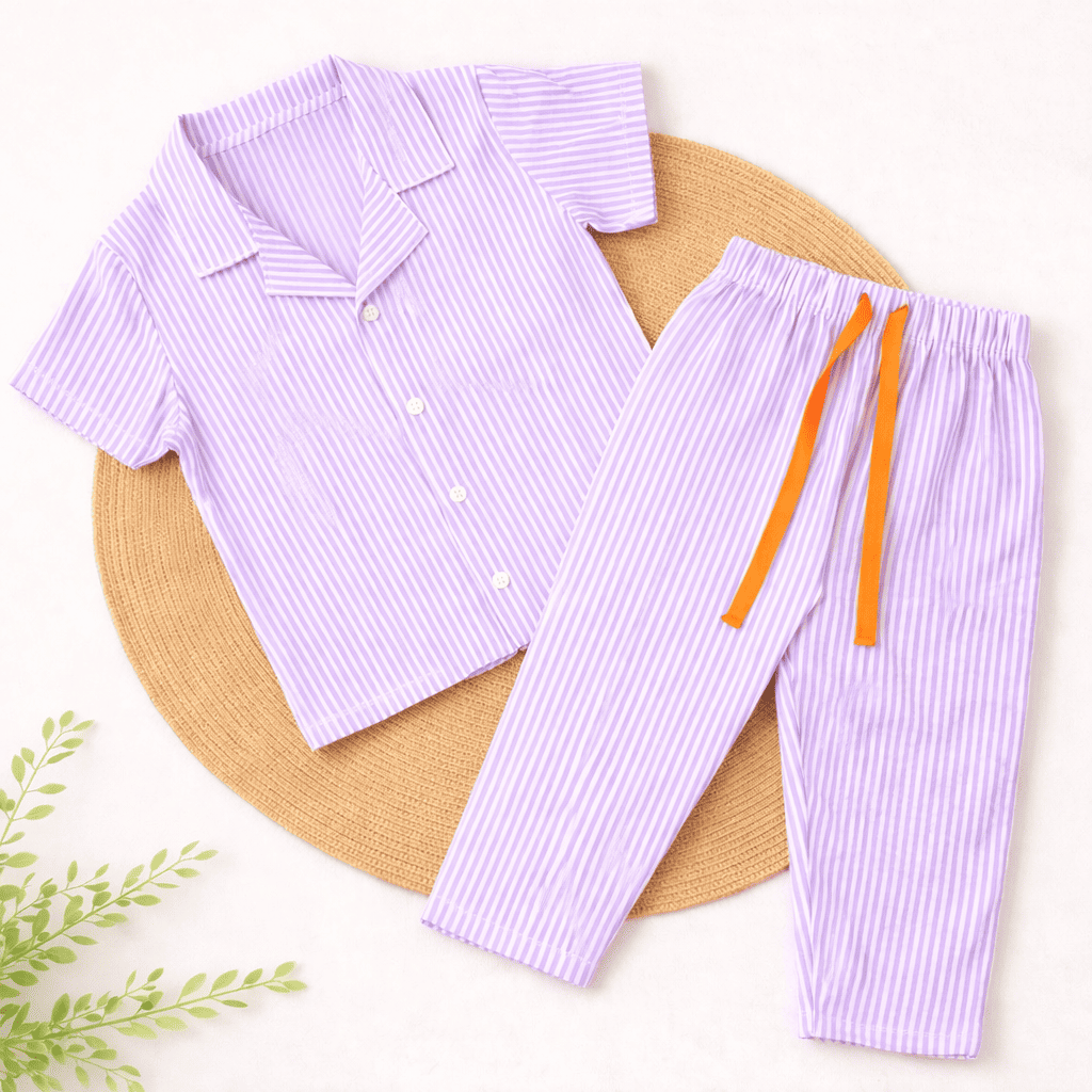 Half Sleeve Kids Night Suit - Lavender Stripes