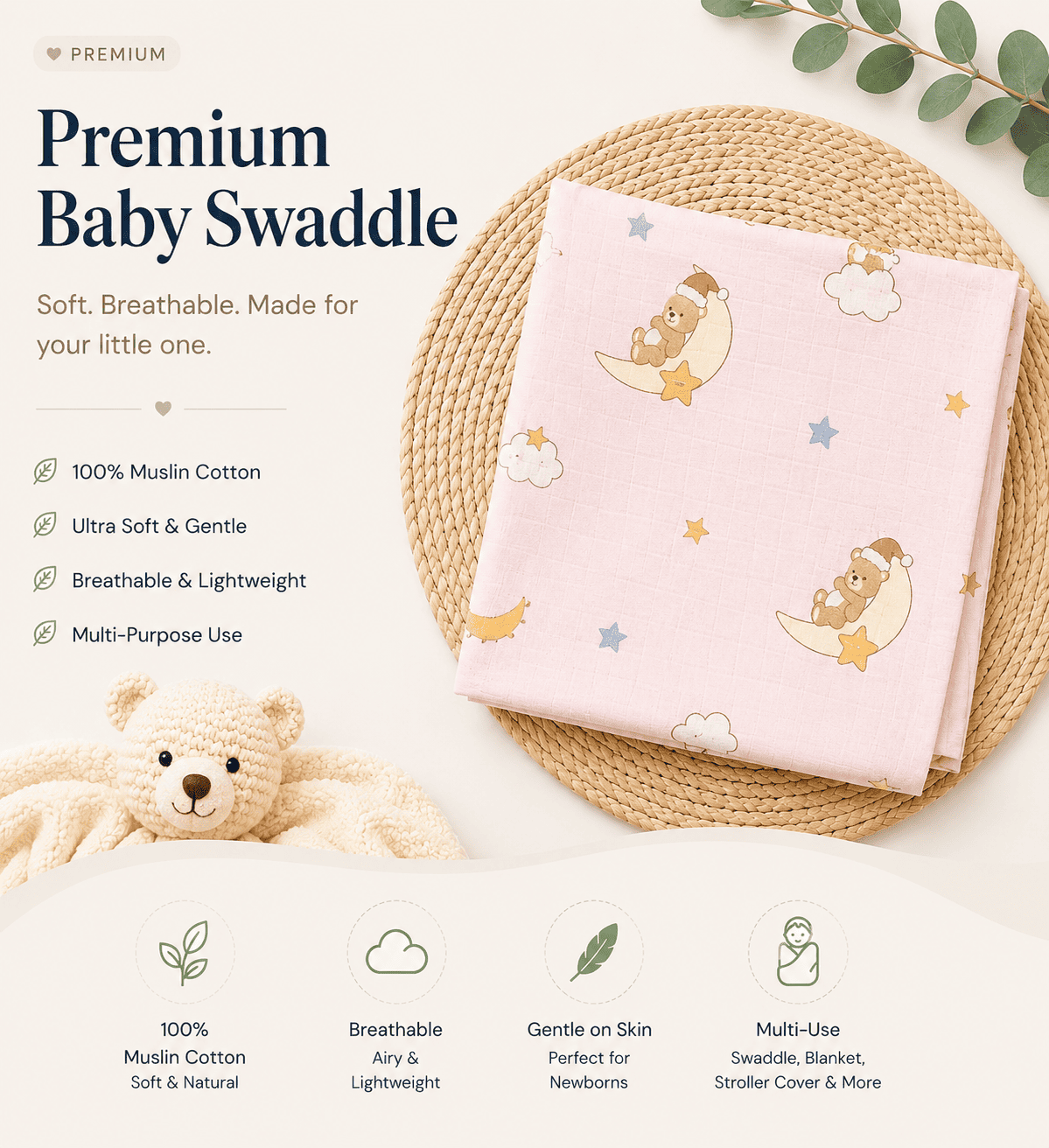 Premium Muslin Swaddle - Pink Bear Moon