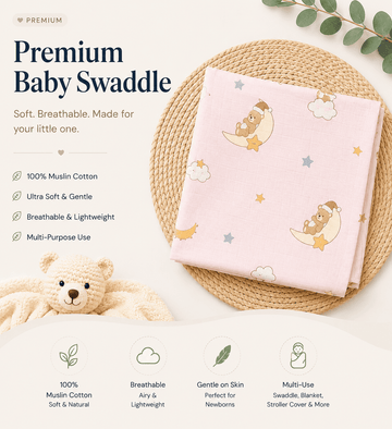 Premium Muslin Swaddle - Pink Bear Moon