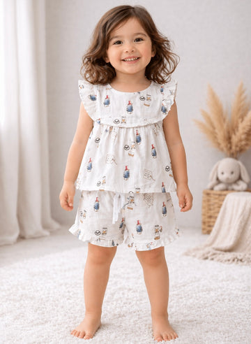 Premium Muslin Sleeveless Frill Top & Shorts Set
