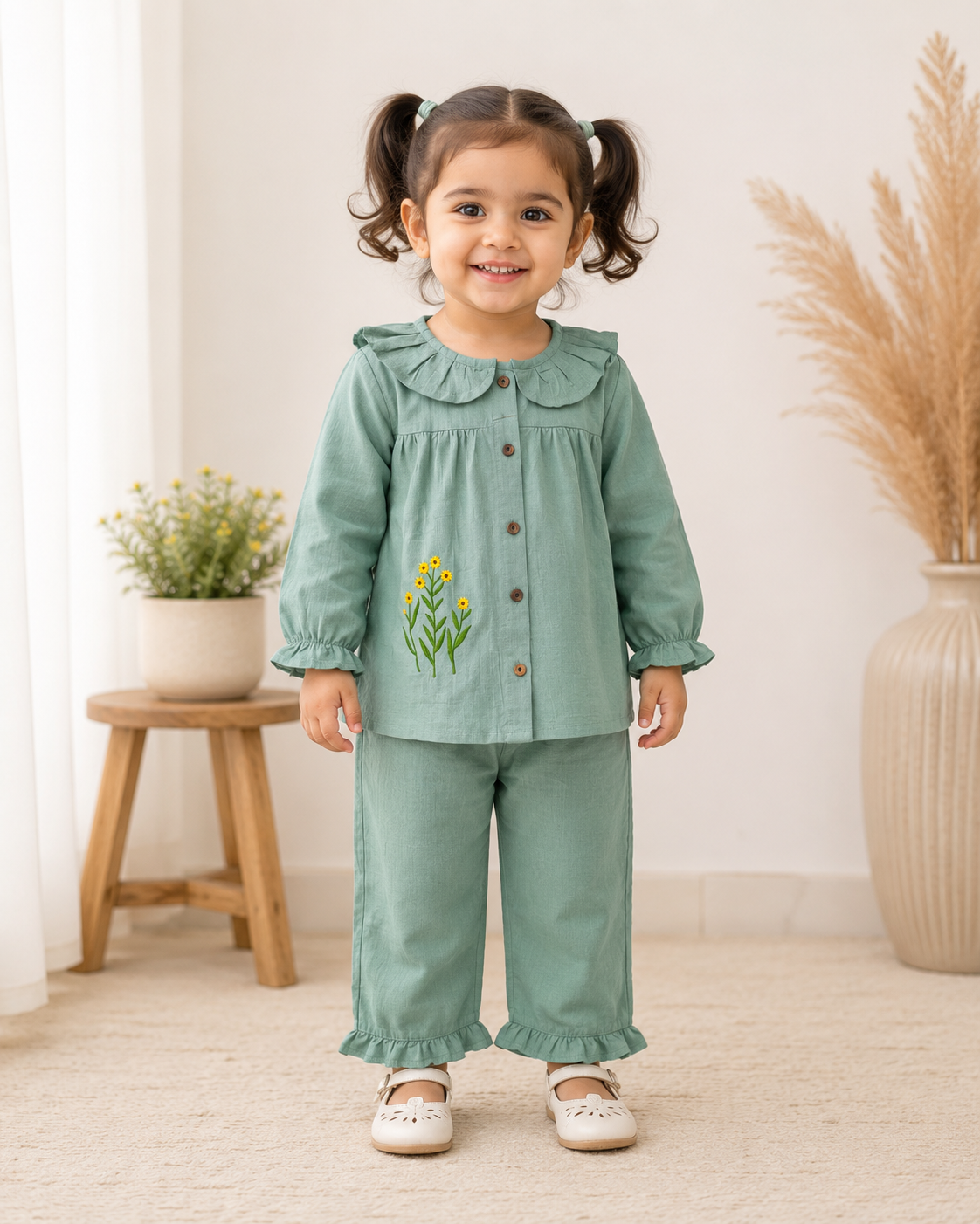 Girls Ruffle Neck Muslin Set