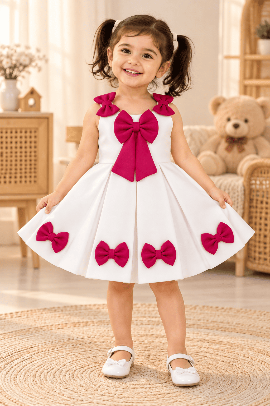 Premium Scuba Frock with Flair - White Bow