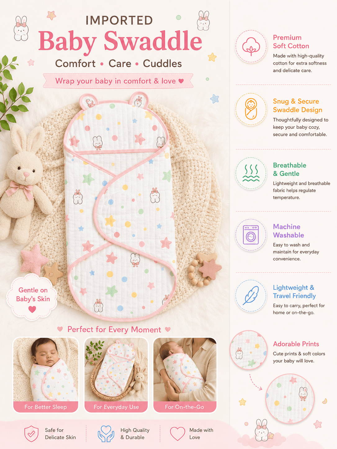 Velcro Swaddle - Pink Border