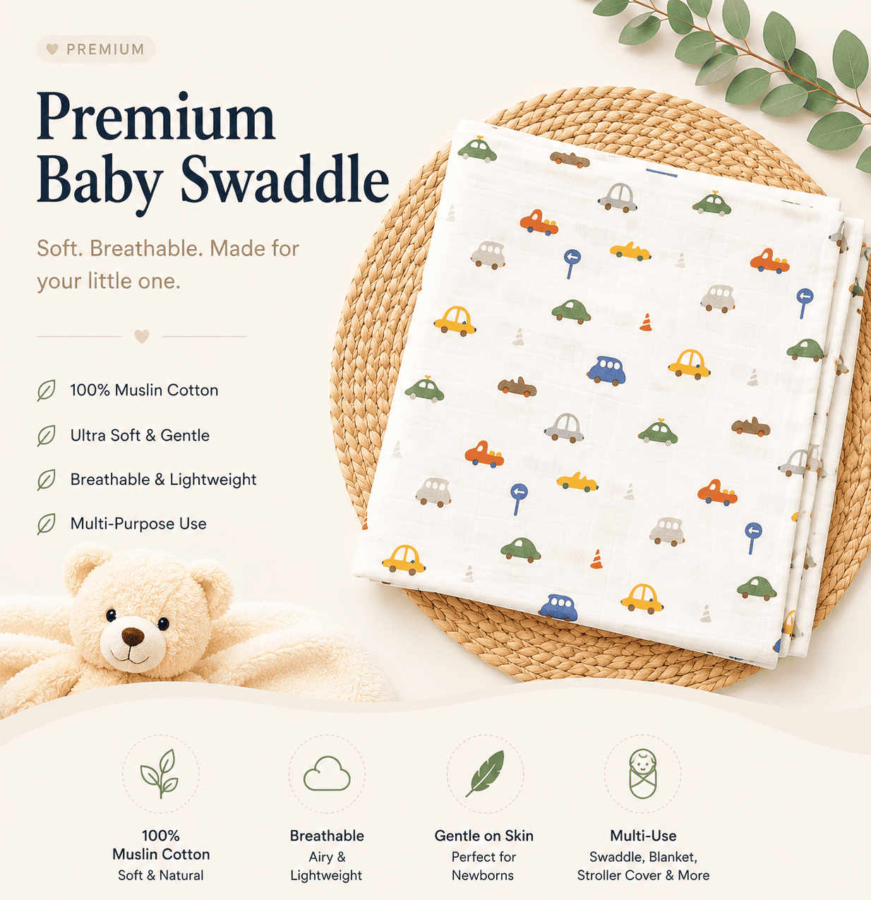 Premium Muslin Swaddle - Car Print