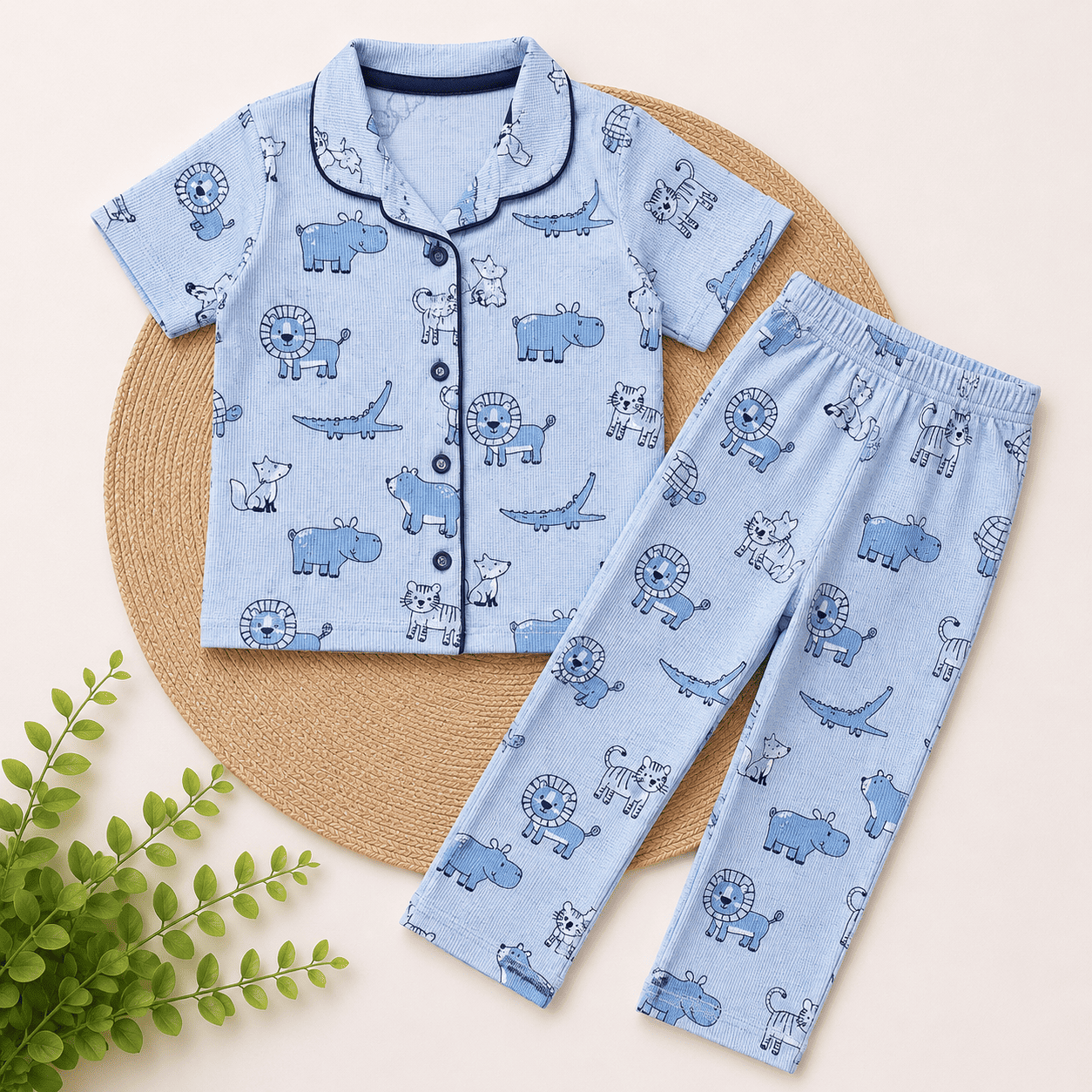 Half Sleeve Kids Night Suit -     Soft Blue Jungle Print