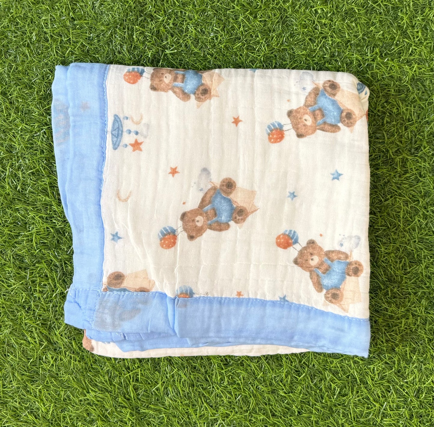 Muslin Receiving Blanket - Blue Border with Teddy Bear 100*100 cm