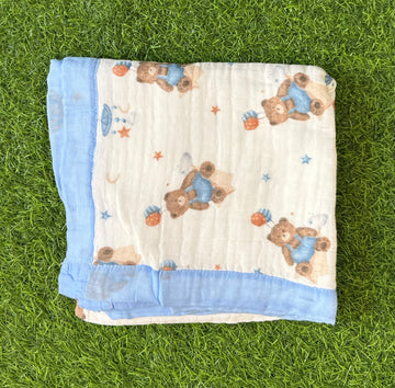 Muslin Receiving Blanket - Blue Border with Teddy Bear 100*100 cm