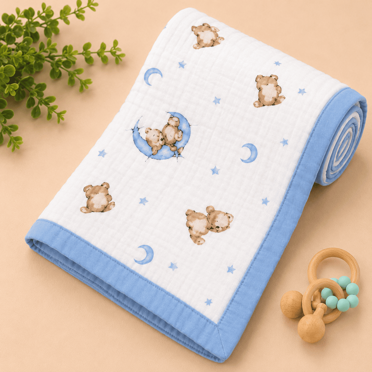 Muslin Receiving Blanket - Teddy Moon & Stars