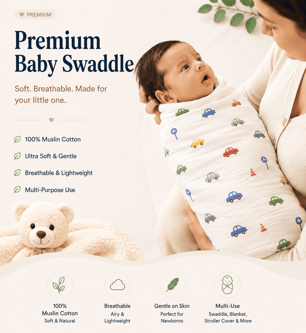 Premium Muslin Swaddle - Green Animals
