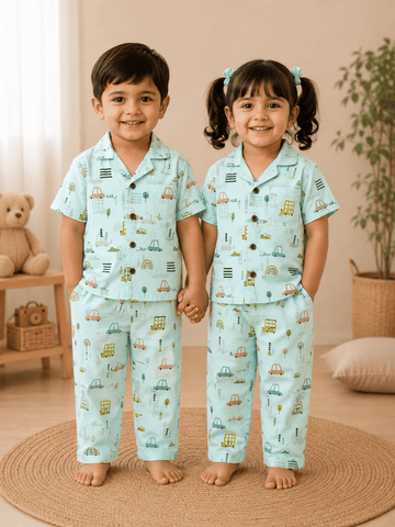 Half Sleeve Kids Night Suit Pure Cotton - Pastel Green Bus