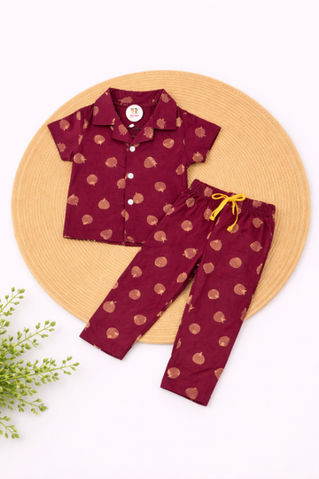 Half Sleeve Kids Night Suit - Maroon Strawberry
