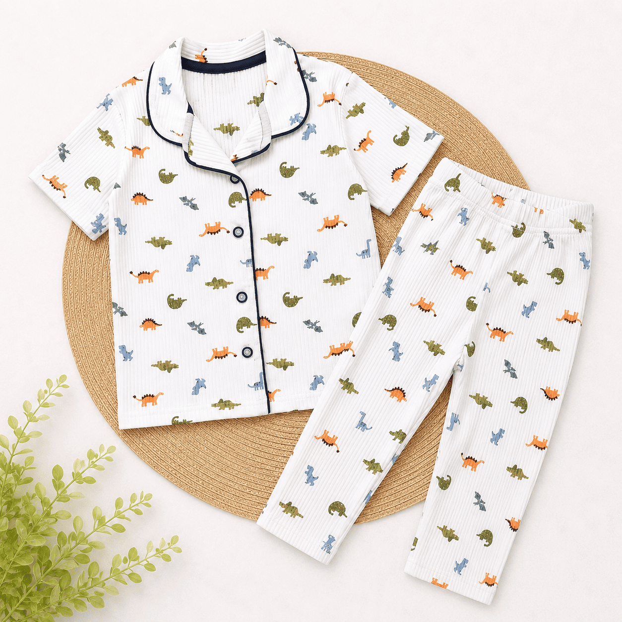 Half Sleeve Kids Night Suit - White Dinosaur