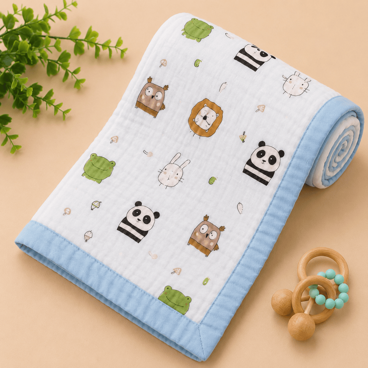 Muslin Receiving Blanket - Blue Animals Friends