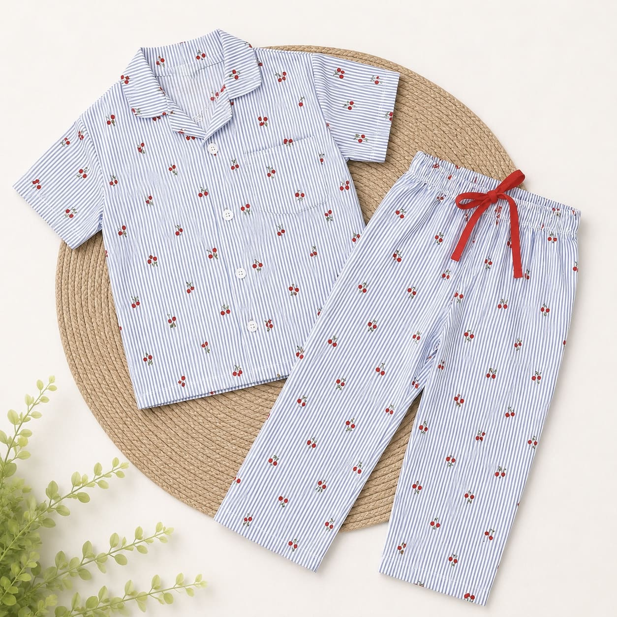 Half Sleeve Kids Night Suit Pure Cotton - Blue Stripes with Cherry