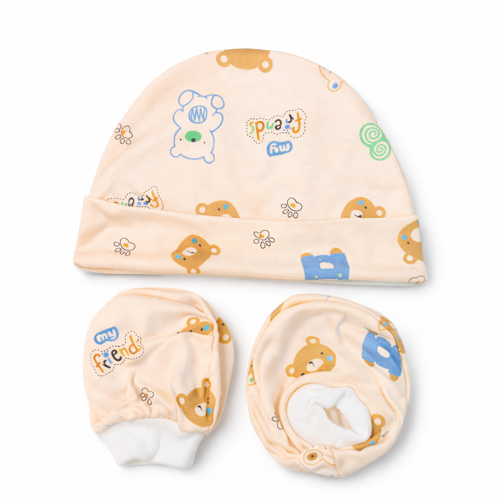 Cap, Mitten & Bootie Set - Teddy Bear Print