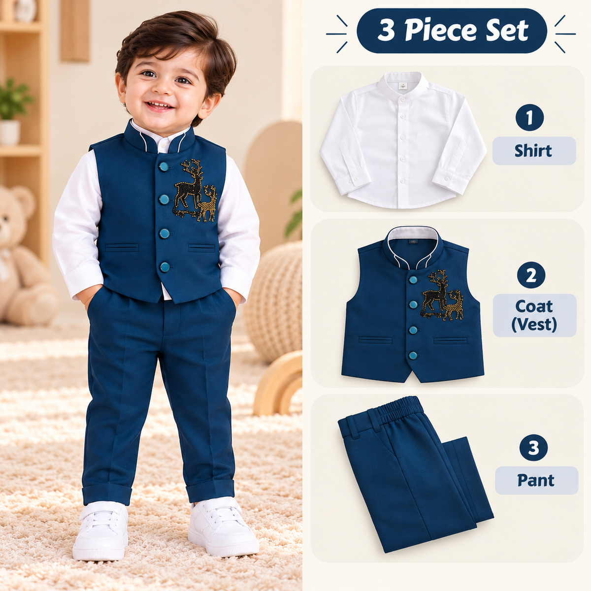 Premium 3-Piece Boys Coat Suit Set - Blue