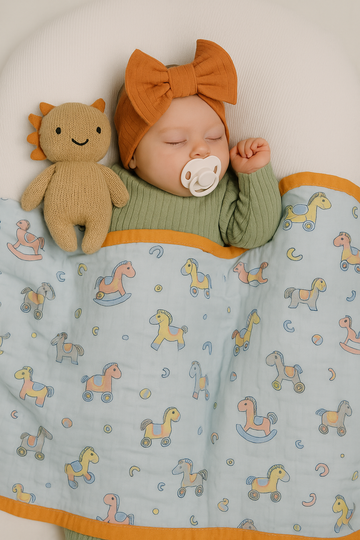 Muslin Receiving Blanket - Orange Border with Unicorn 110*110 cm