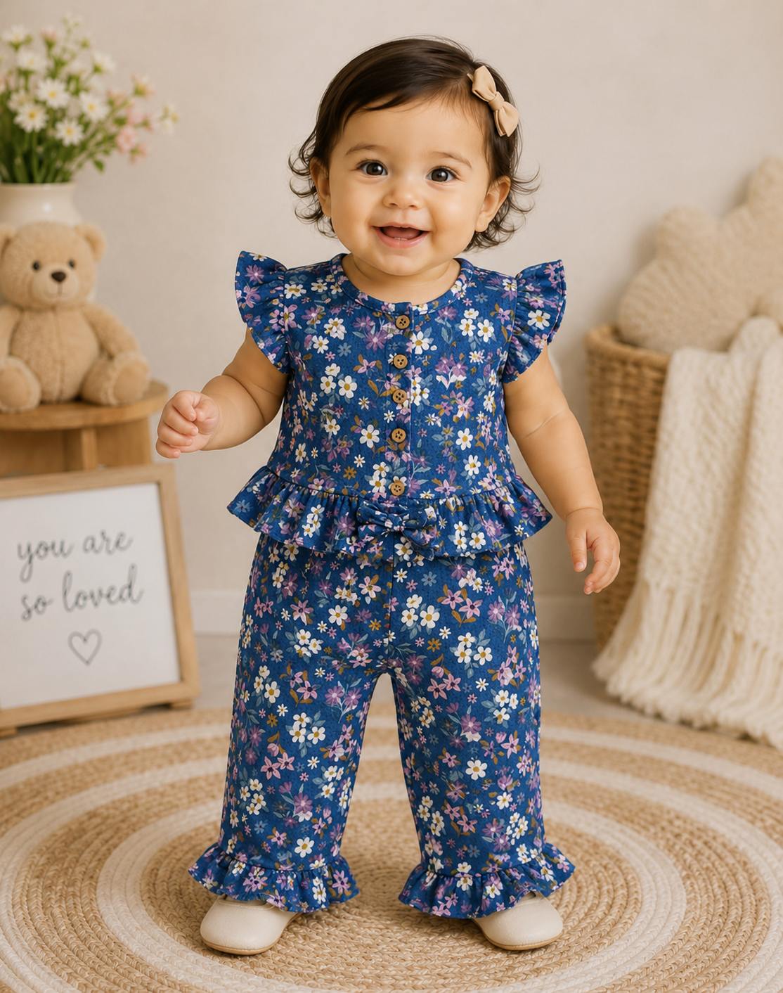 Peplum Top with Pant Set - Blue Flower