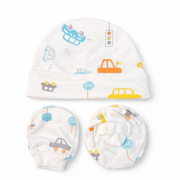 Cap, Mitten & Bootie Set - Car Print