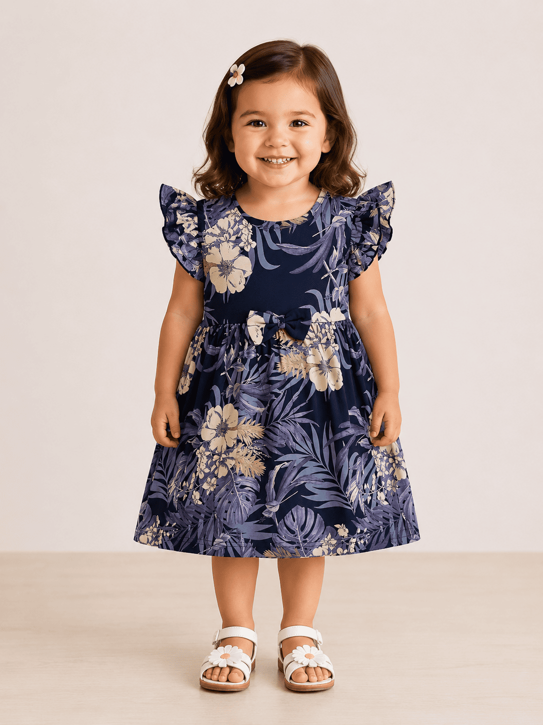 Frill Sleeve Frock - Purple Leaf with Flower