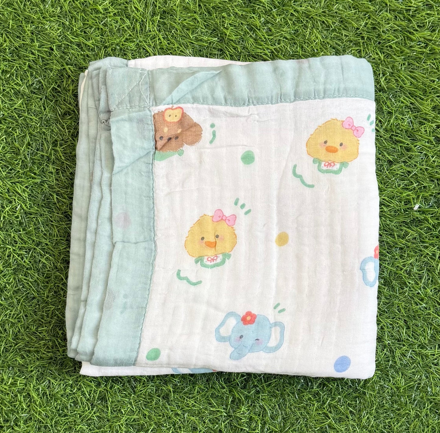 Muslin Receiving Blanket - Mint Green with baby Elephant and Duck 100*100 cm