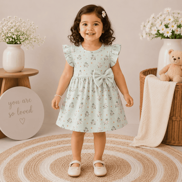 Frill Sleeve Frock - Pastel Green flower