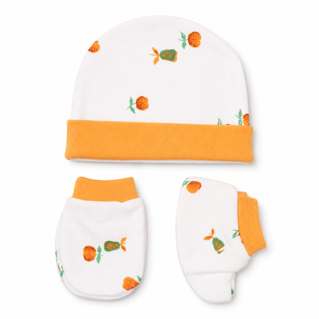 Cap, Mitten & Bootie Set - Orange Flower