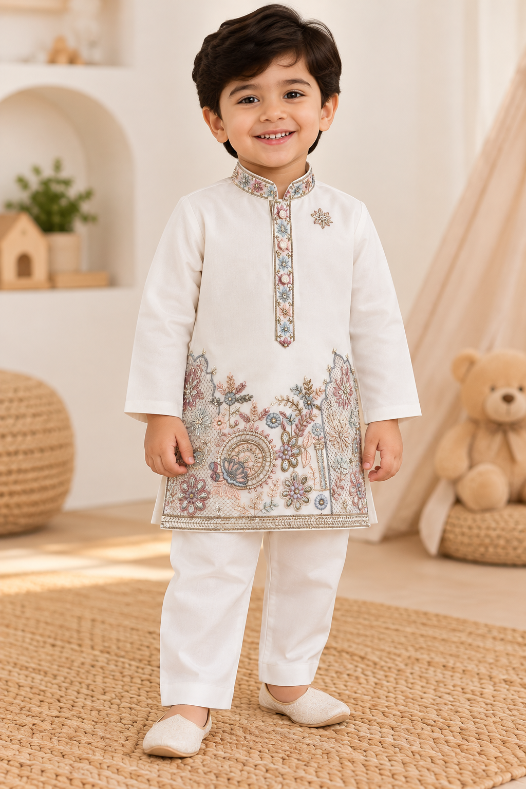 Premium Silk Embroidery Kurta Set - Off White