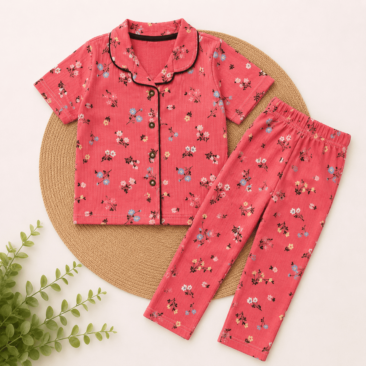 Half Sleeve Kids Night Suit - Red Flower