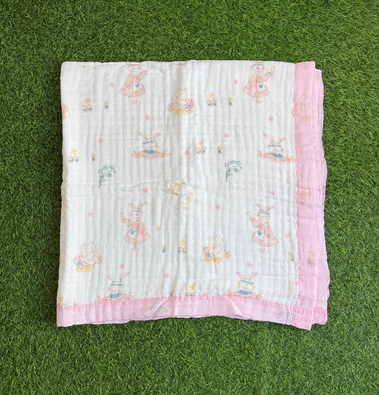 Muslin Received Blanket - Pink Border with Rabbit 100*100 cm