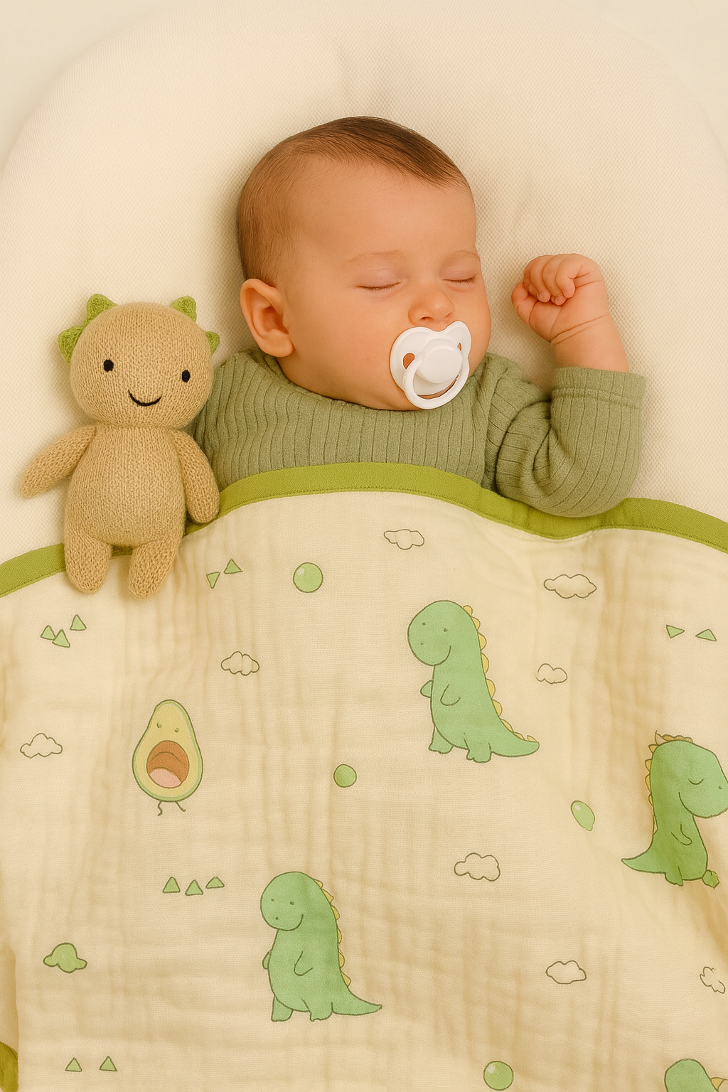 Muslin Receiving Blanket - Green Border with Dino 110*110 cm