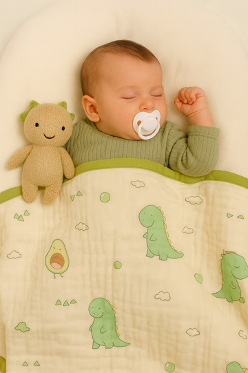 Muslin Receiving Blanket - Green Border with Dino 110*110 cm