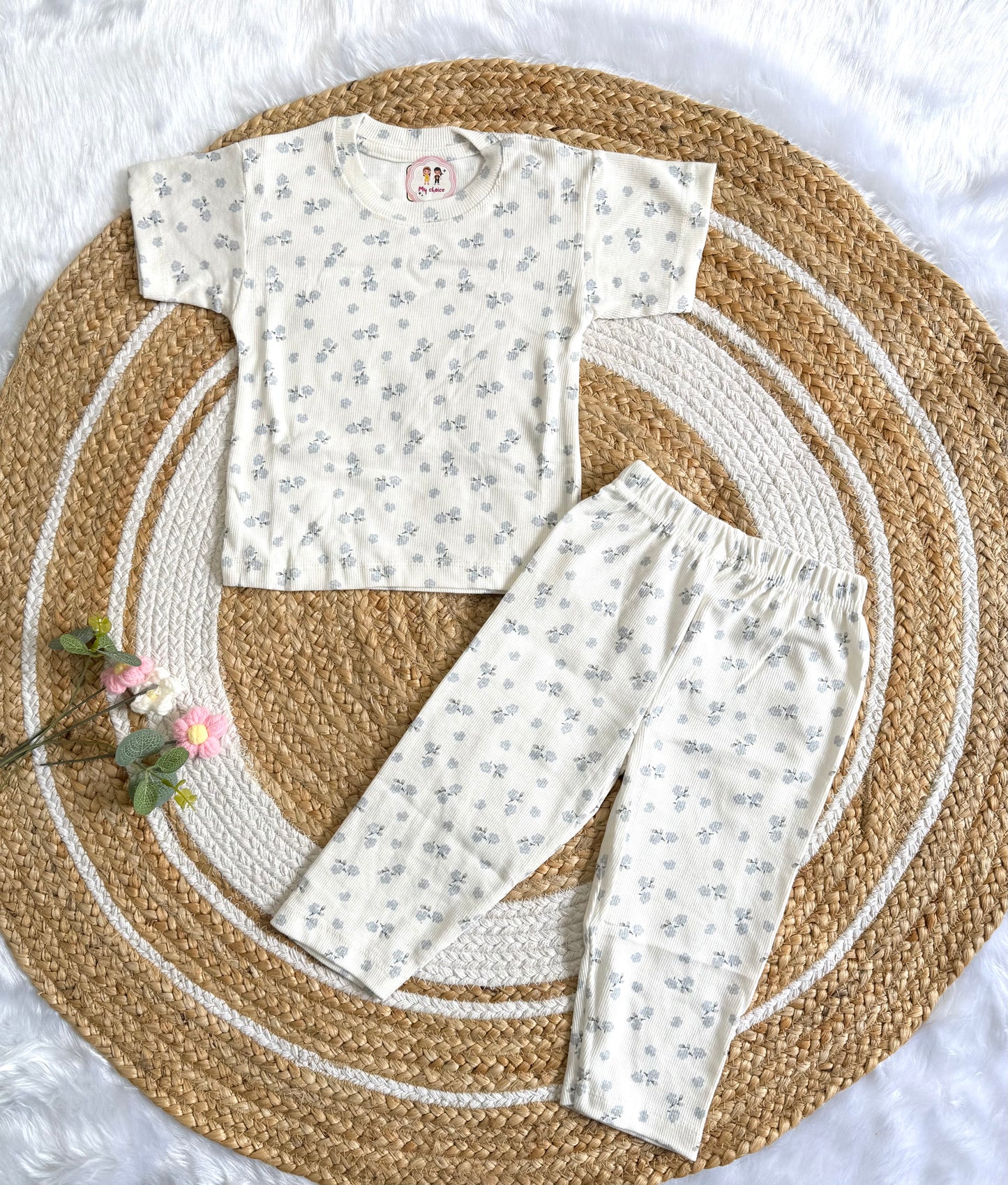 Half Sleeve Co-Ords Set - White Flower